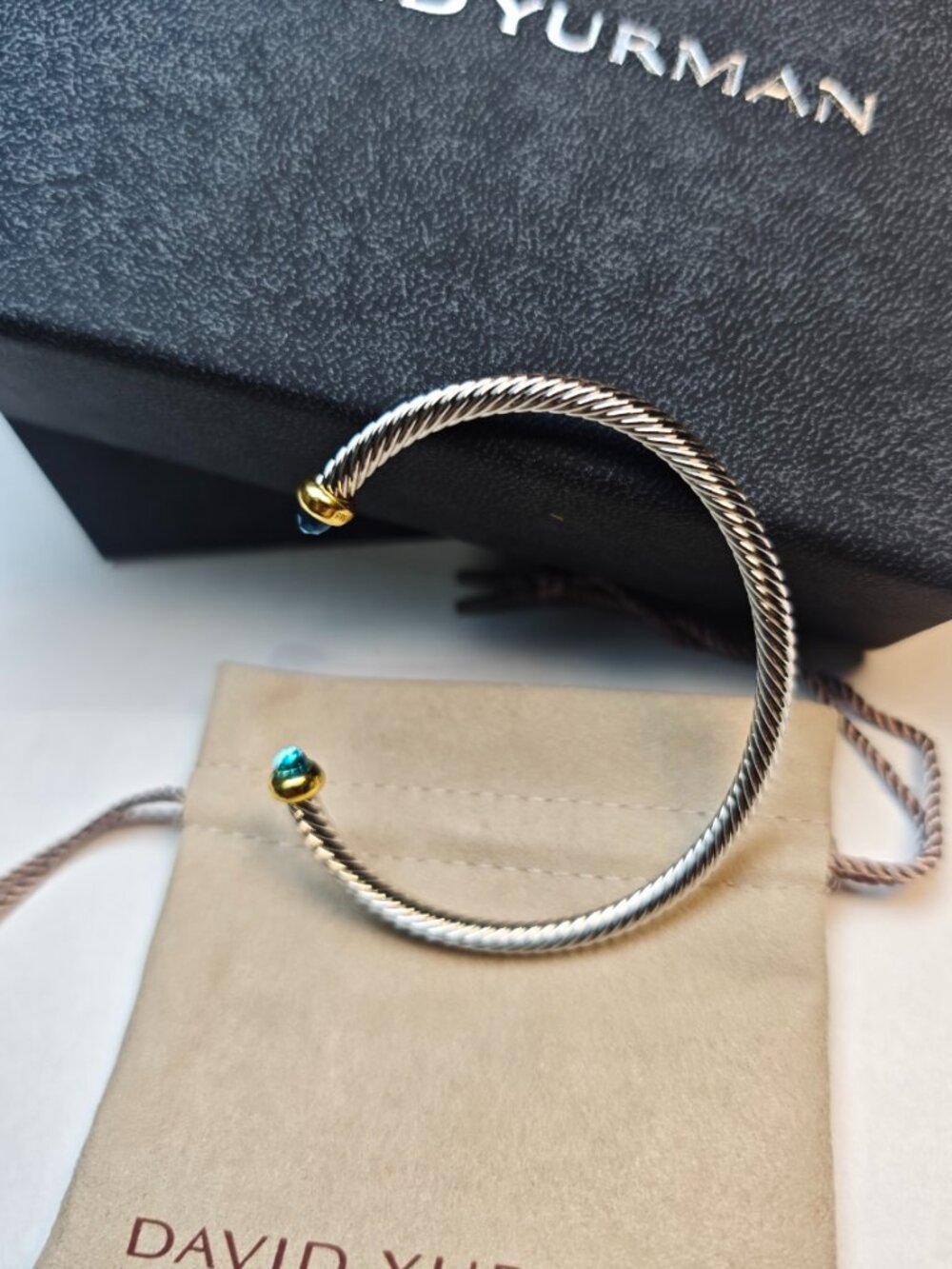 David Yurman Twisted Cable Cuff Bracelet Blue Stone Gold Silver Open Bangle